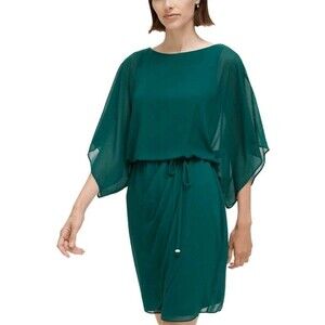 Jessica Howard Women Size 6 Tiered Dress Green Chiffon Dolman Sleeve Tie Waist